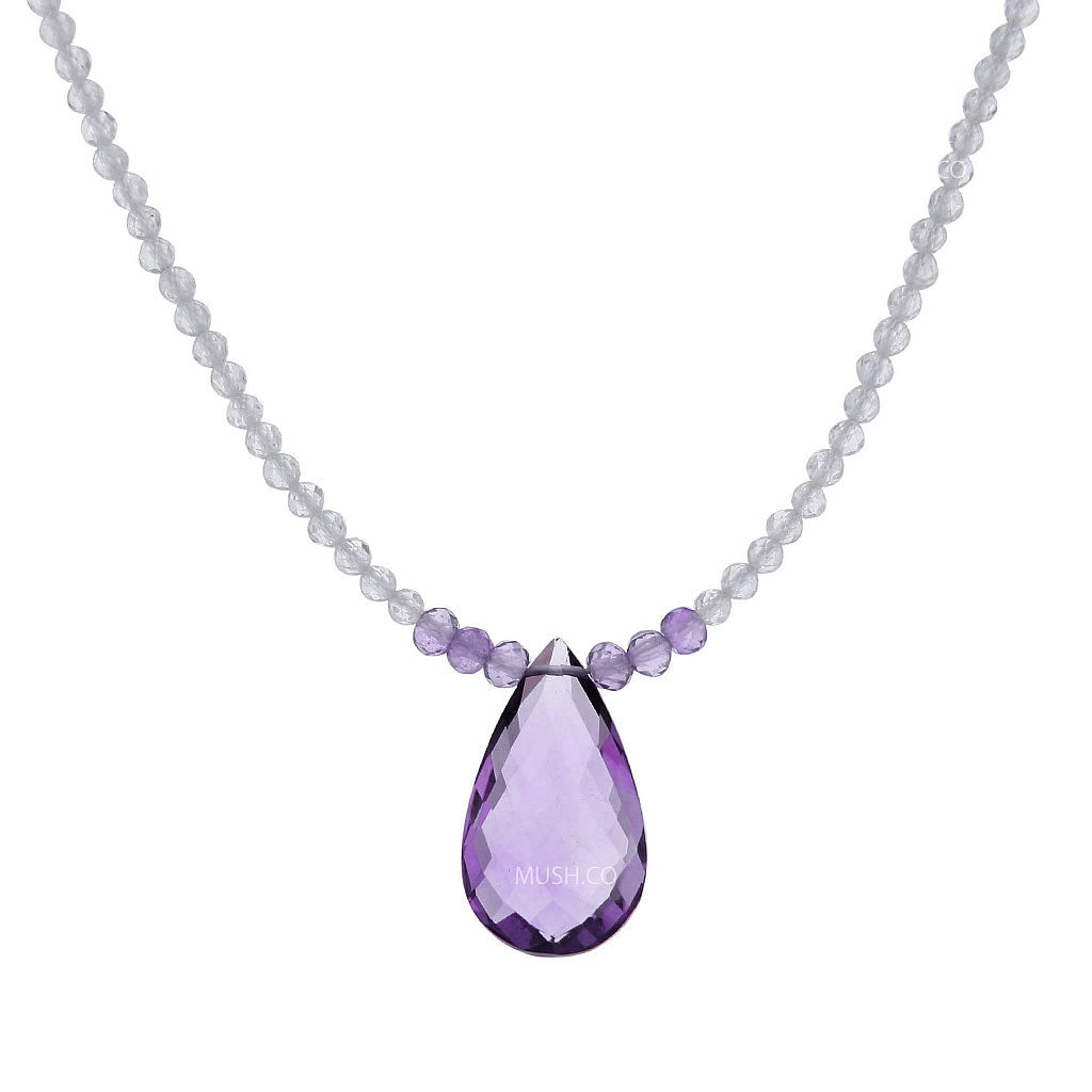 Faceted Drop Amethyst Pendant & Moonstone Beads Necklace Hollywood