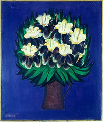 Vintage Oil Painting Titled "Flowers on Royal Blue" by Nikolay Nikov
