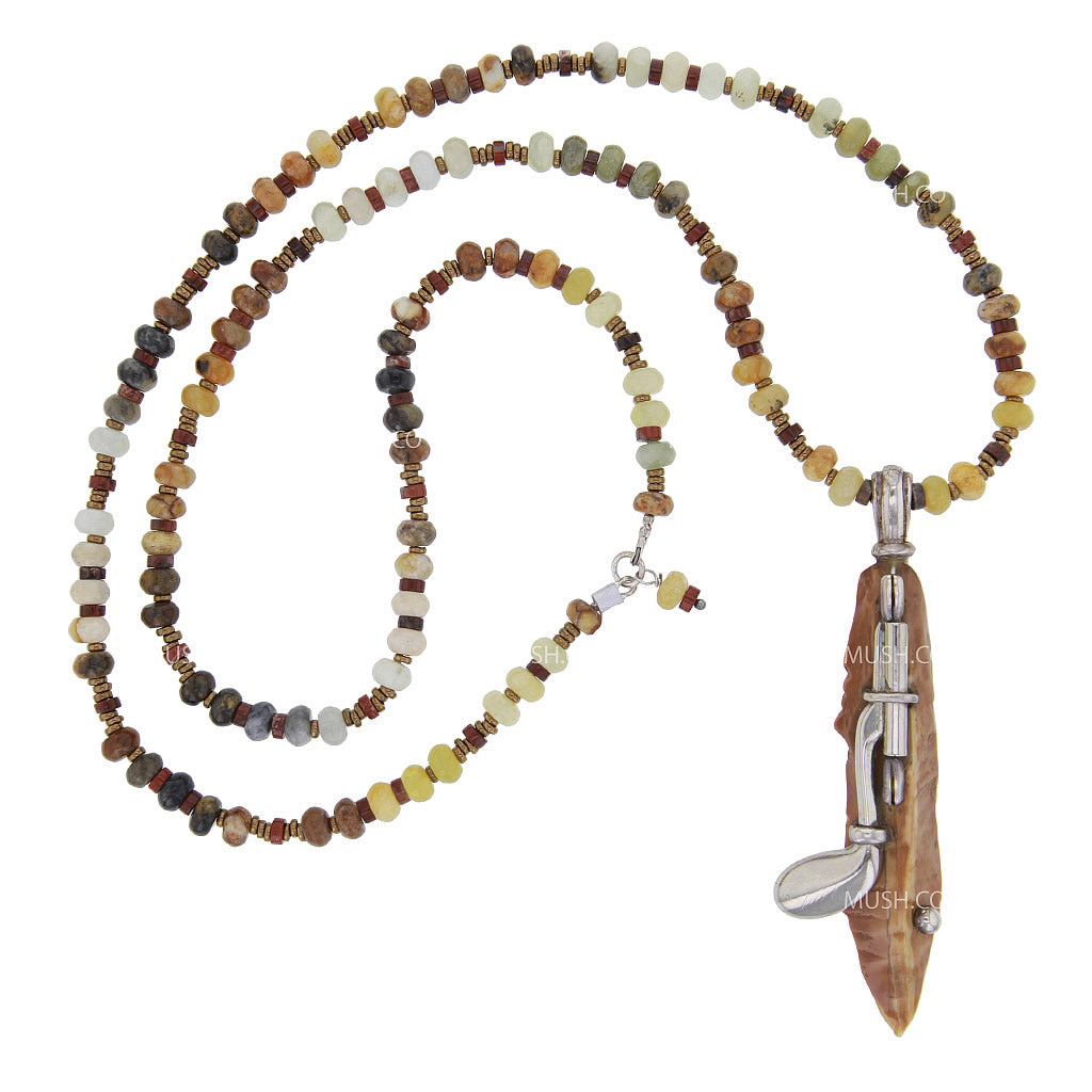 Flower Jade Beaded Necklace with Ancient Artifact Fossil & Clarinet Piece Hollywood