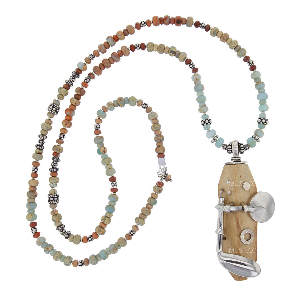 Aqua Terra Jasper Beaded Necklace with Ancient Artifact Fossil & Clarinet Piece Hollywood