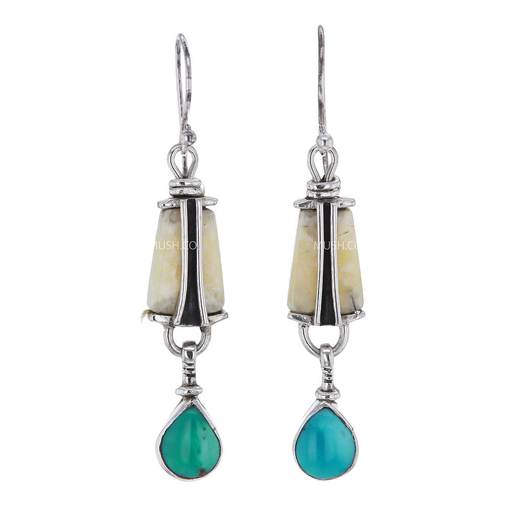 Ancient Fossil Artifact and Teardrop Turquoise Earrings