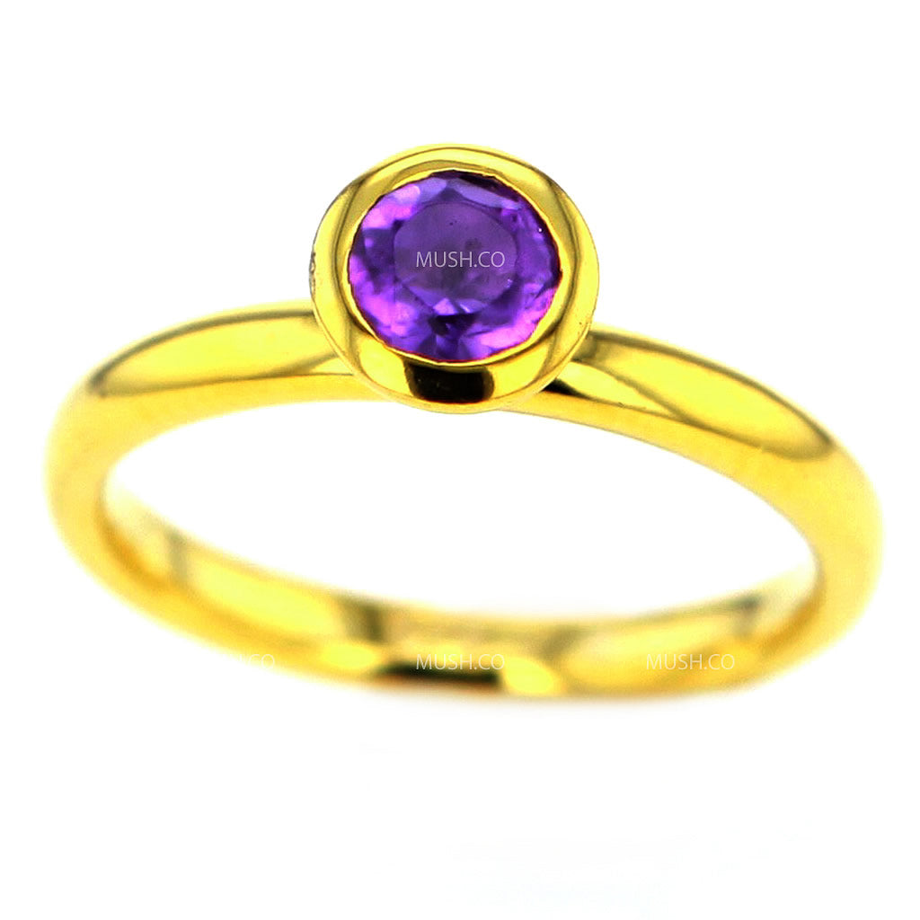 14K Gold Plated Sterling Silver Ring with Round Amethyst Crystal Size 7 Hollywood
