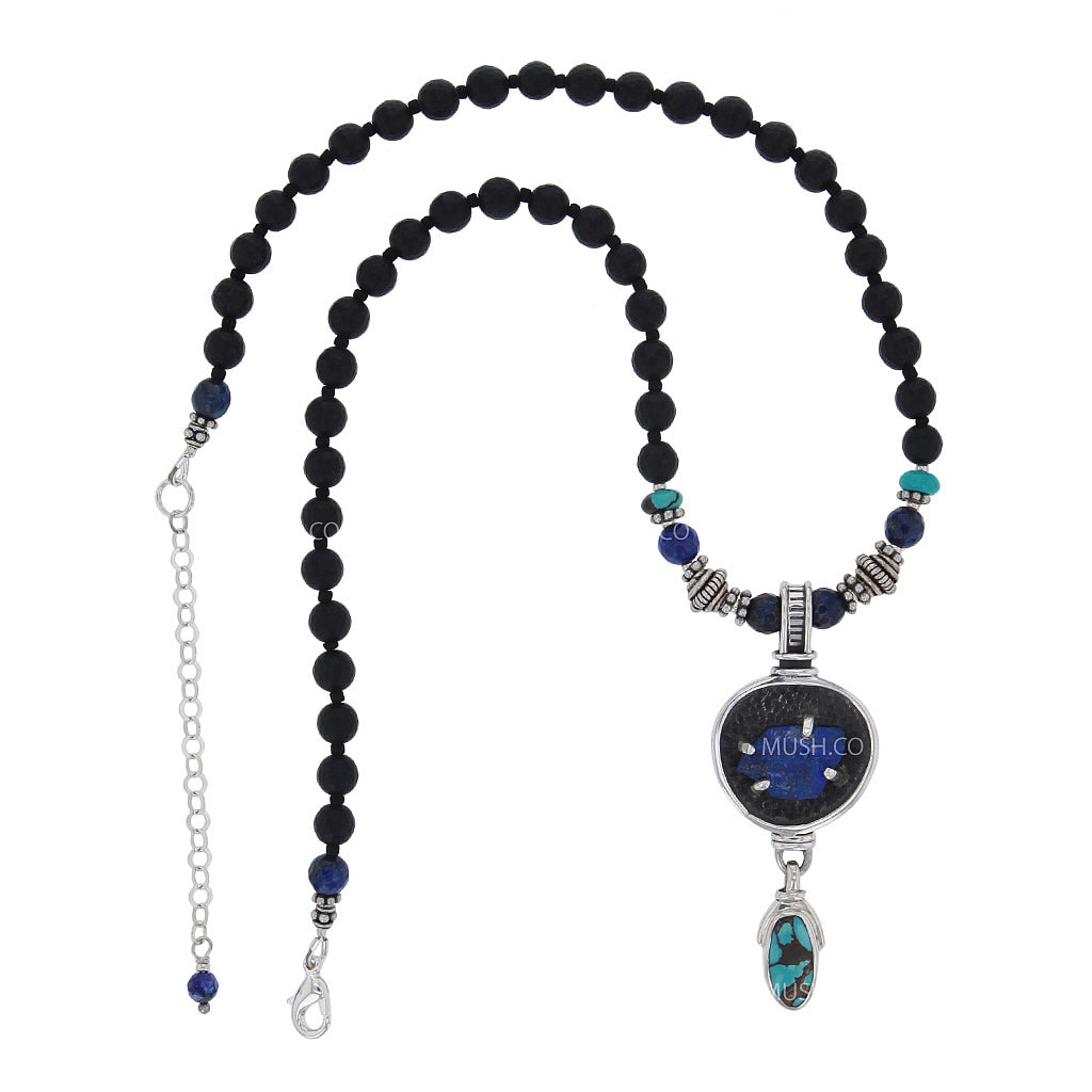 Raw Lapis Lazuli Stone & Turquoise Dangle Designer Necklace Hollywood