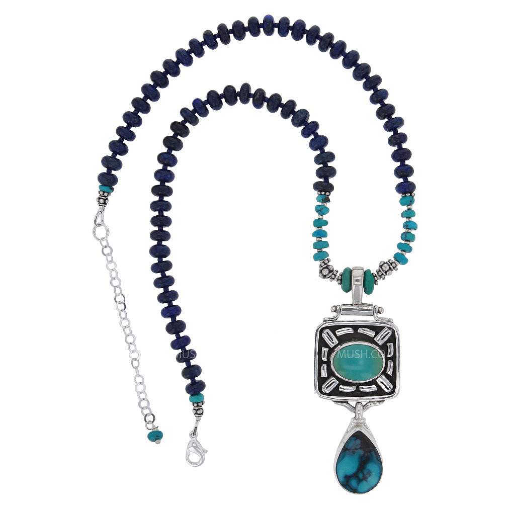 Turquoise & Lapis Lazuli Beaded Runway Necklace Hollywood