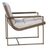 Grayson Off White Poly Linen Armchair With Brass Tube Frame & Wood Accented Armrests