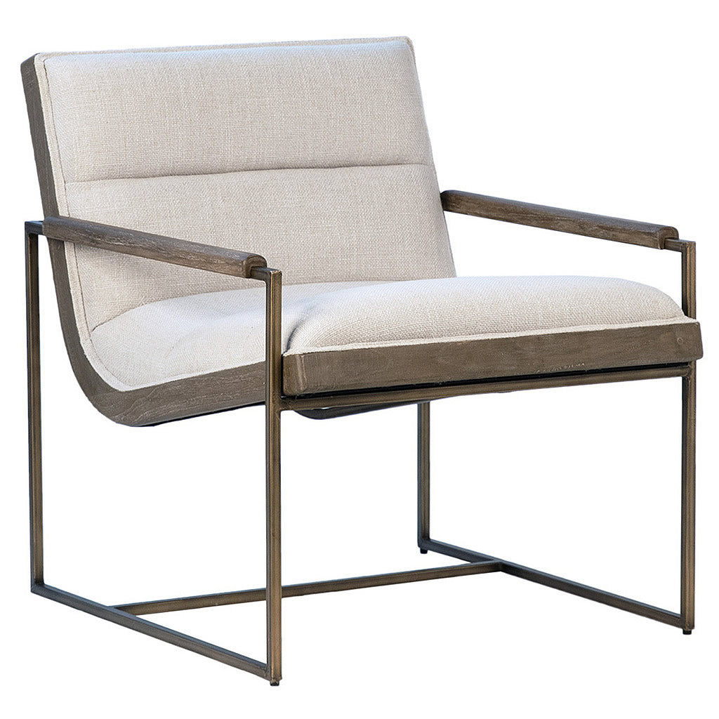 Grayson Off White Poly Linen Armchair With Brass Tube Frame & Wood Accented Armrests Hollywood