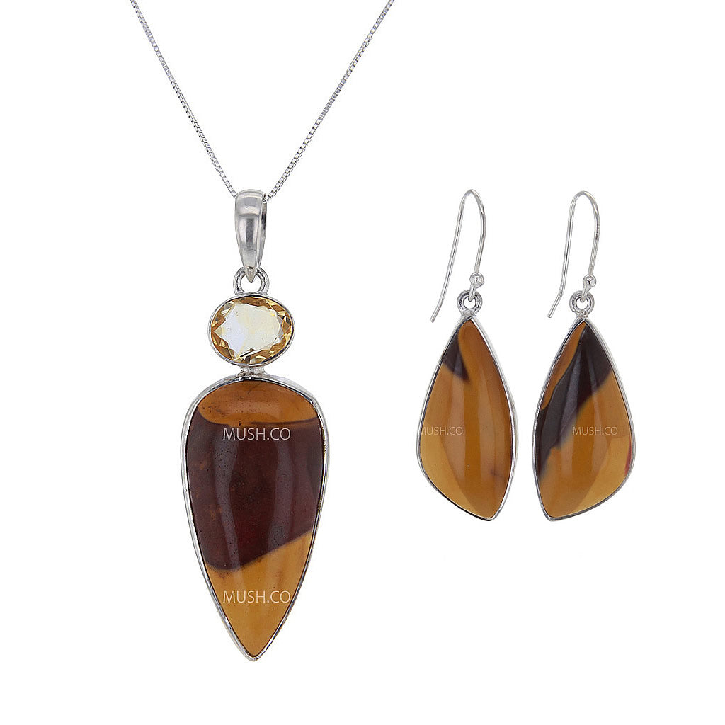 Mookaite Jasper & Citrine Pendant Necklace Earrings Set Hollywood