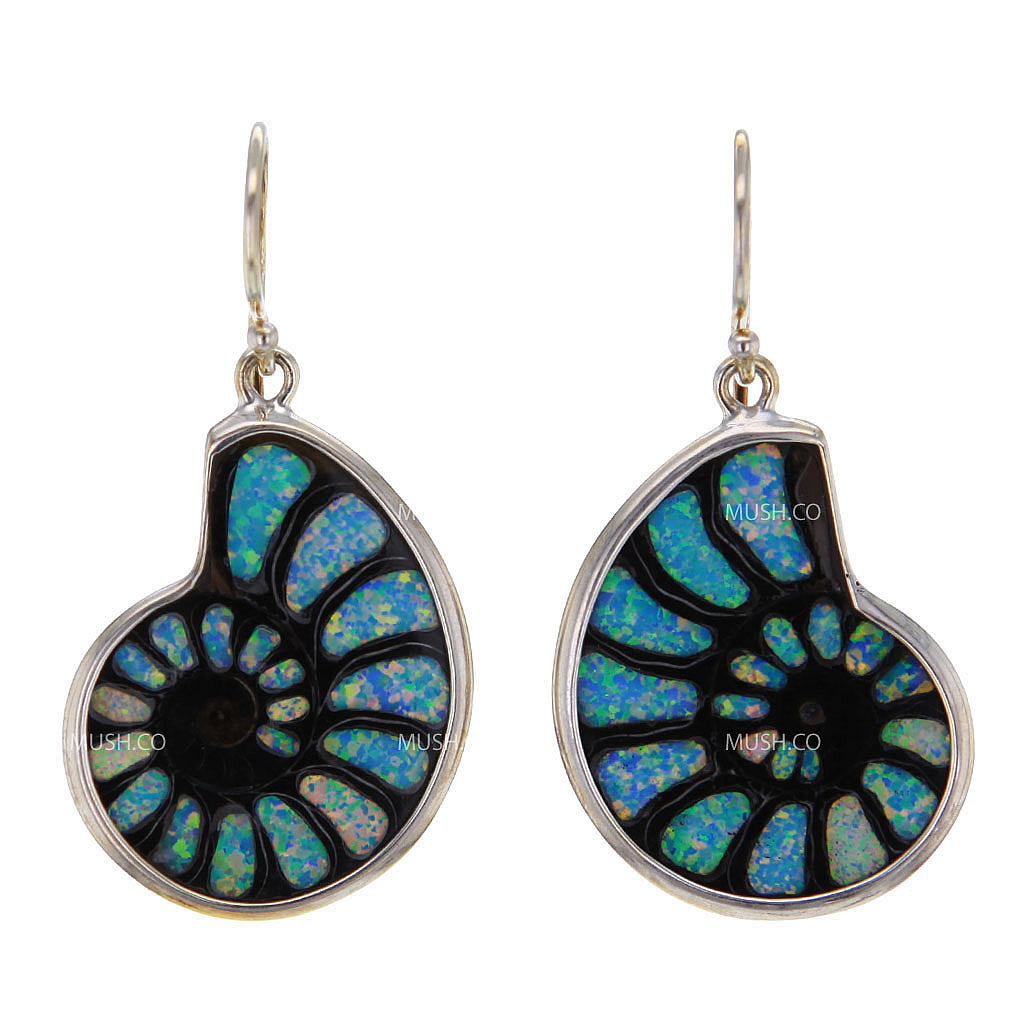 Natural Ammonite with Inlaid Opal Sterling Silver Earrings v1 Hollywood