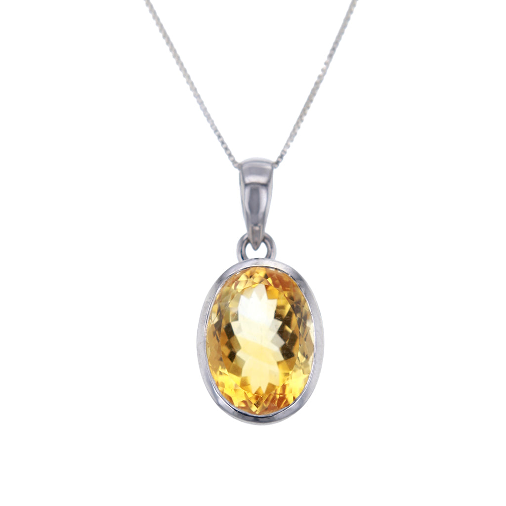 Oval Citrine Pendant Necklace in Sterling Silver Setting Hollywood
