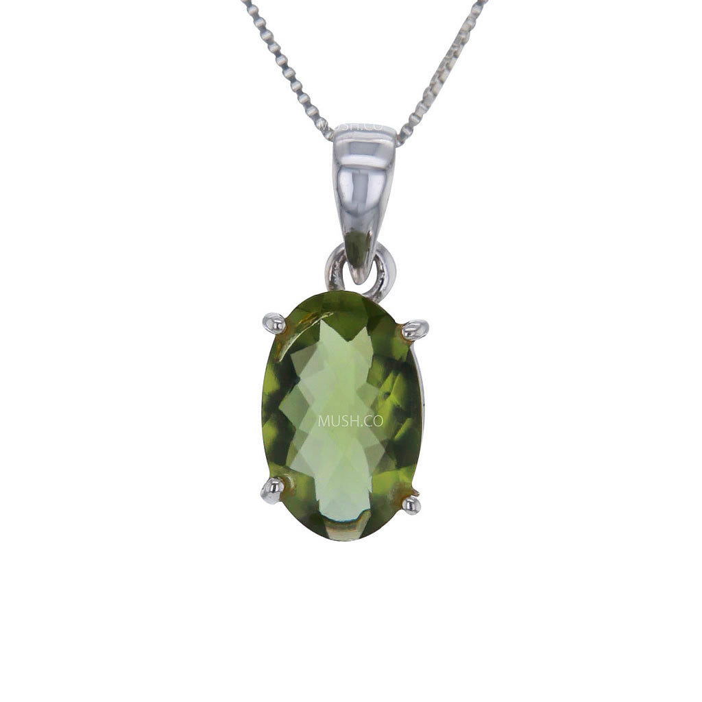 Brilliant Oval Moldavite Pendant Necklace in Sterling Silver Hollywood