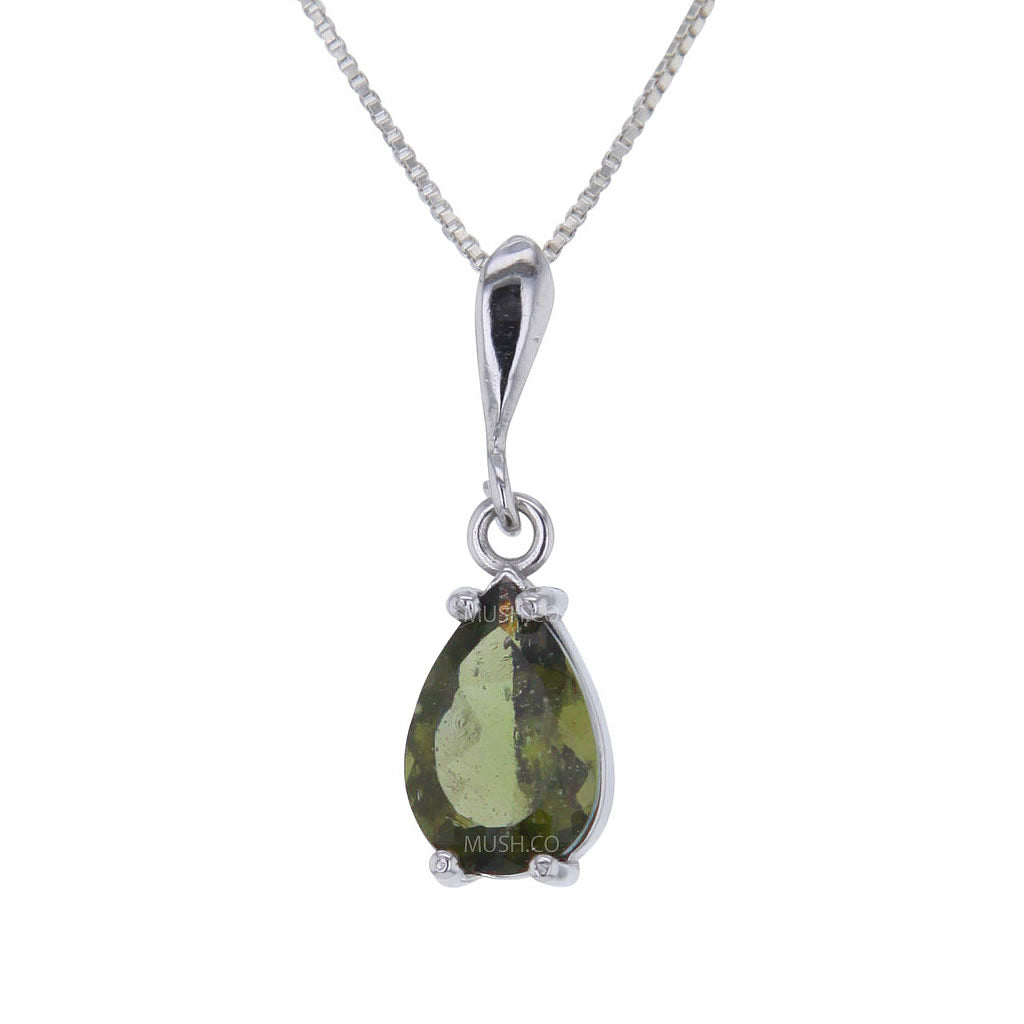 Faceted Pearshape Moldavite Pendant Necklace in Sterling Silver Hollywood