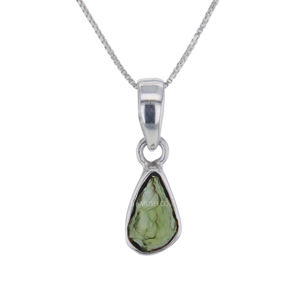 Live Edge Raw Moldavite Pendant Necklace in Sterling Silver v2 Hollywood