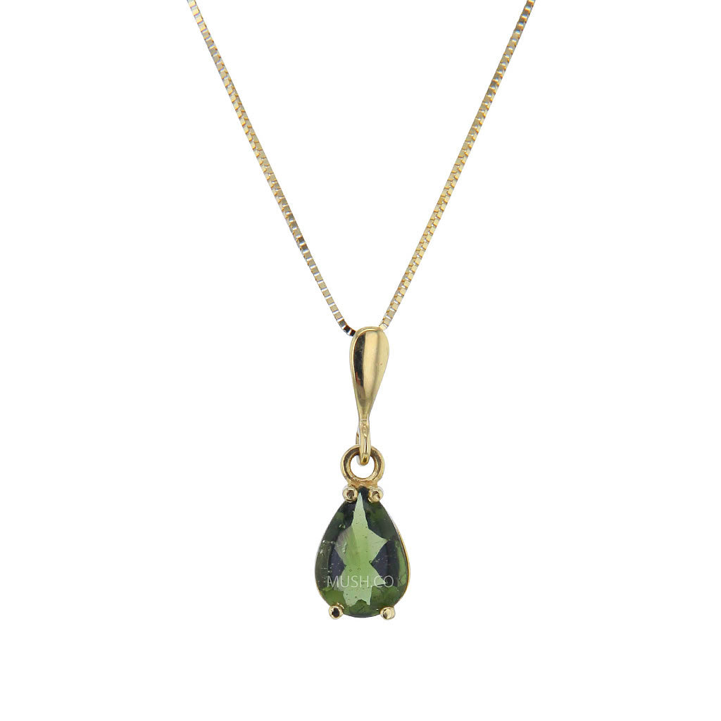 Pearshape Moldavite Pendant Necklace in 14K Gold v2 Hollywood