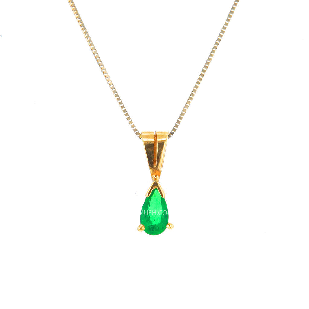 Petite Teardrop Natural Columbian Emerald in 18K Solid Gold Pendant Necklace Hollywood