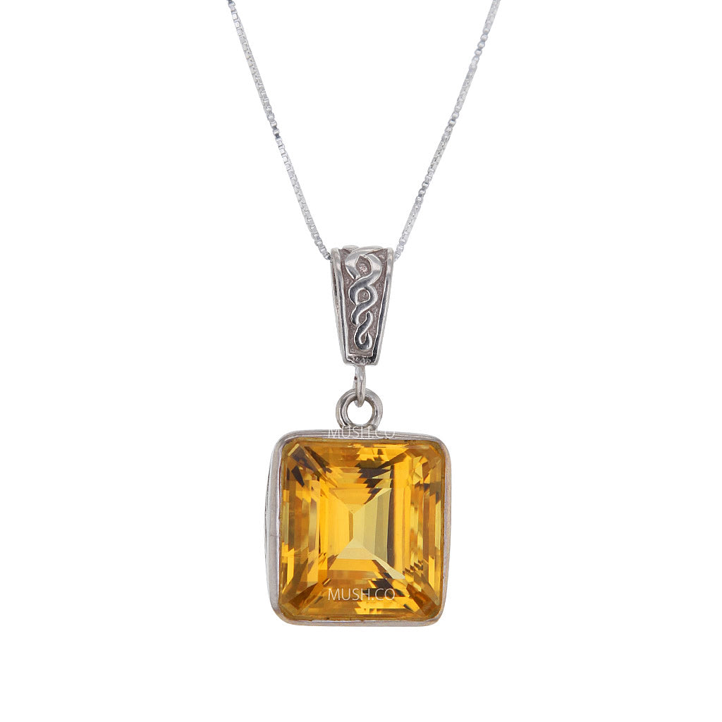 Princess Cut Citrine Pendant Necklace in Sterling Silver Setting Hollywood