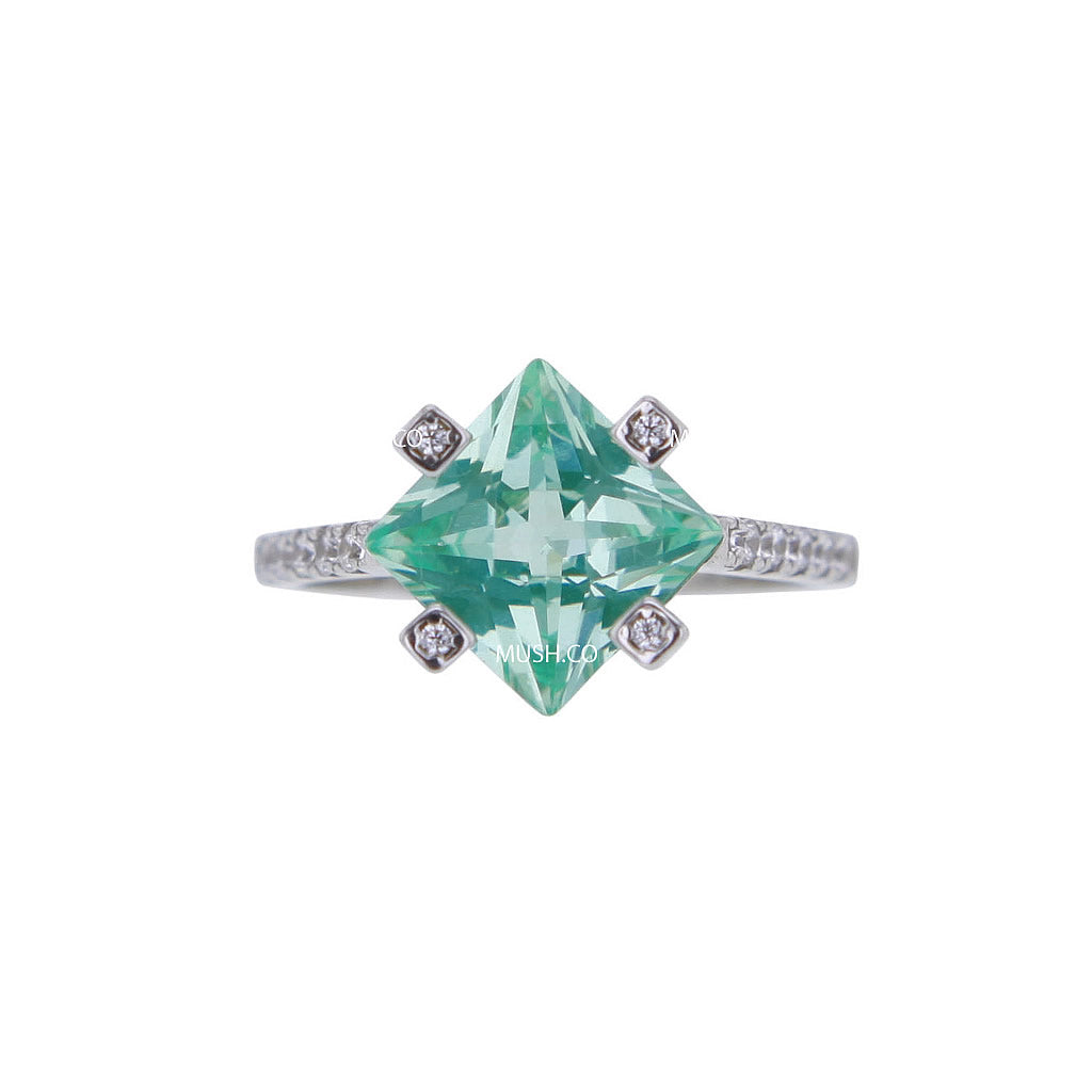 Diagonal Princess Cut Ocean Green Spinel & 4 Signity CZs Sterling Silver Ring Size 6 Hollywood