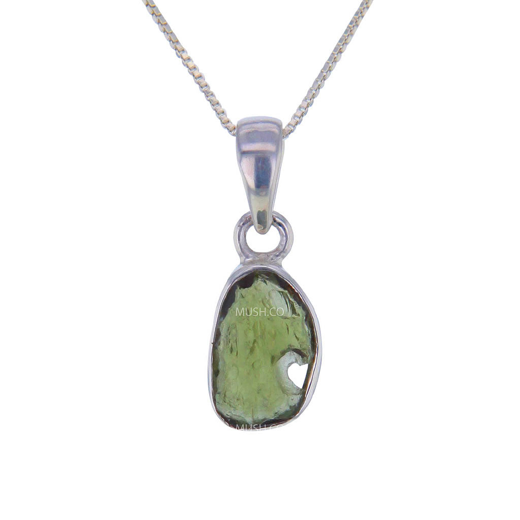 Live Edge Raw Moldavite Pendant Necklace in Sterling Silver v1 Hollywood