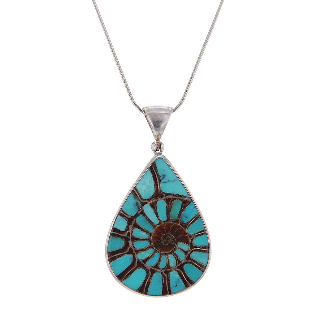 Pear Shaped Ammonite With Inlaid Turquoise in a Sterling Silver Setting