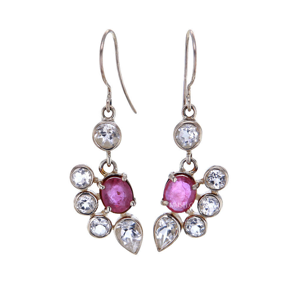 Faceted White Topaz & Ruby Crystal Earrings in Sterling Silver Hollywood