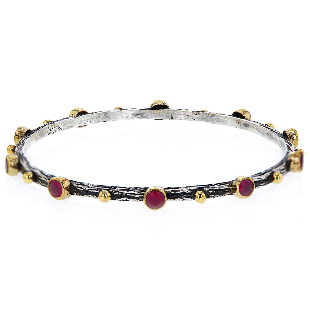 Hammered Sterling Silver Gold Plate and Ruby Studs Bangle by Bora Hollywood
