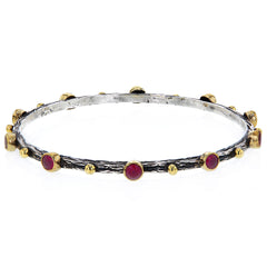 Hammered Sterling Silver Gold Plate and Ruby Studs Bangle by Bora