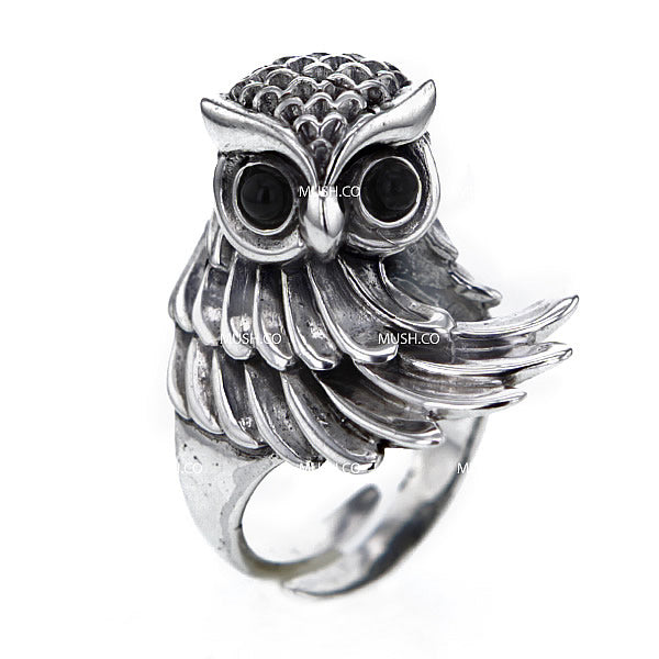 Wise Owl Sculpted Sterling Silver Ring with Black Onyx Eyes Hollywood