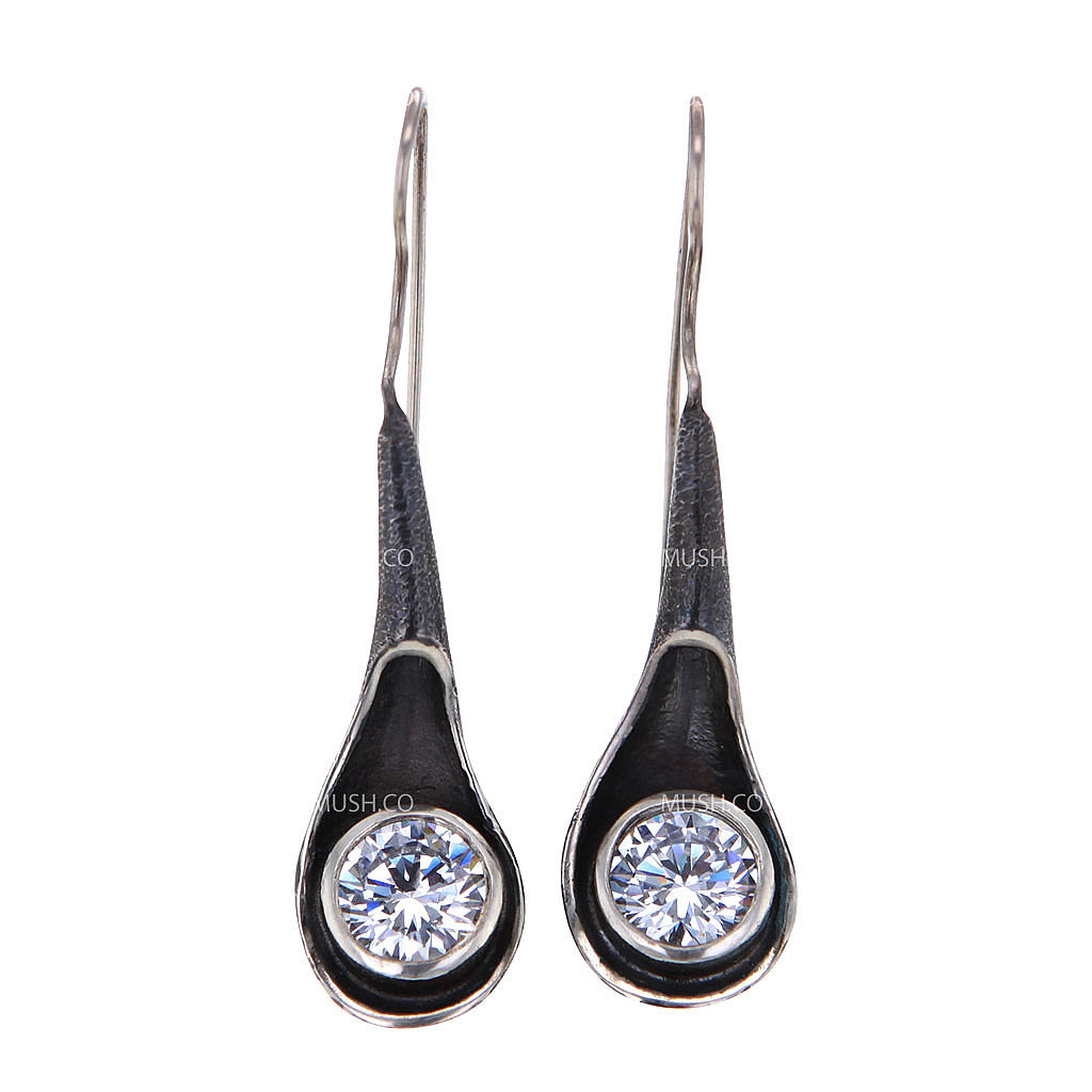 Unique Oxidized Sterling Silver Signity Crystal Earrings by Bora Hollywood