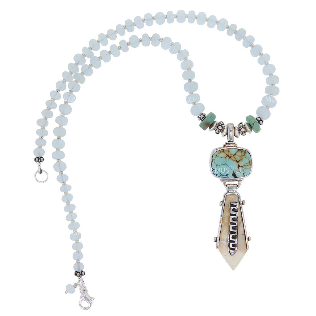 Turquoise & Ancient Artifact Fossil Necklace with Beaded Moonstone Chain Hollywood