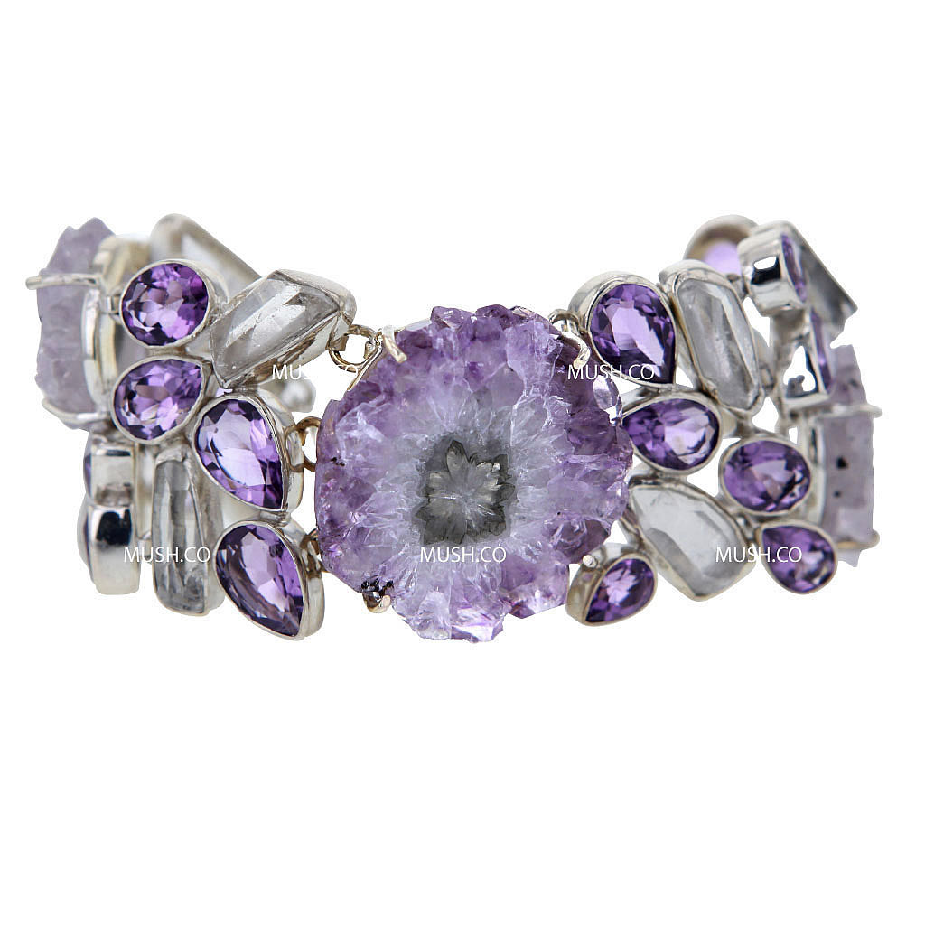 Stalactite & Faceted Amethyst and Quartz Sterling Silver Cuff Link Bracelet Hollywood