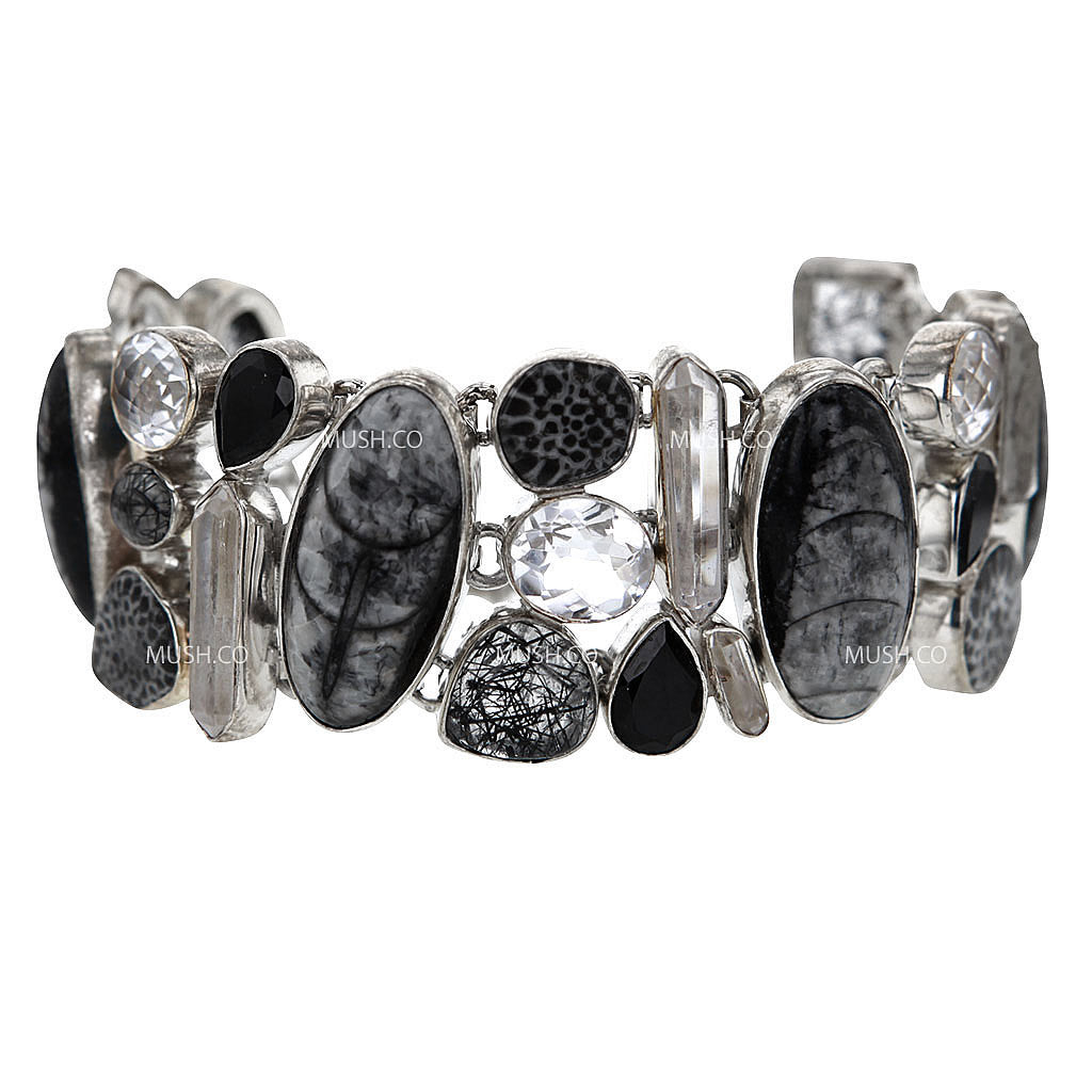 Trilobite Rutile Quartz and Obsidian Sterling Silver Cuff Link Bracelet