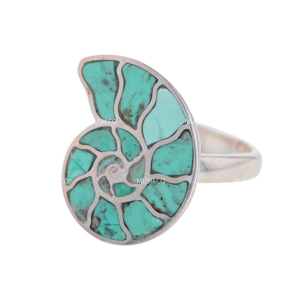 Petite Ammonite Shaped Turquoise Sterling Silver Ring Size 7 Hollywood