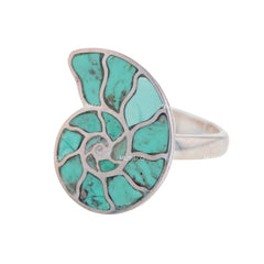 Petite Ammonite Shaped Turquoise Sterling Silver Ring Size 7