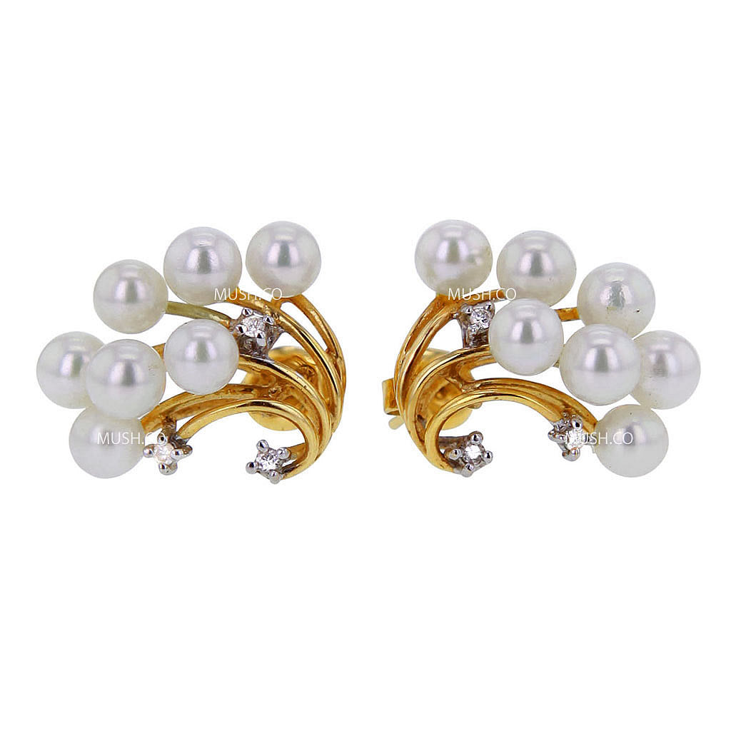 Vintage Pearl & Diamond Stud Earrings in 14K Yellow Gold Hollywood