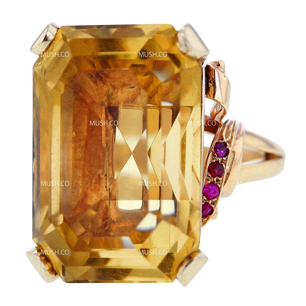 Spectacular Vintage Baguette Cur Citrine & Rubies Ring in 14K Solid Gold Size 8 Hollywood