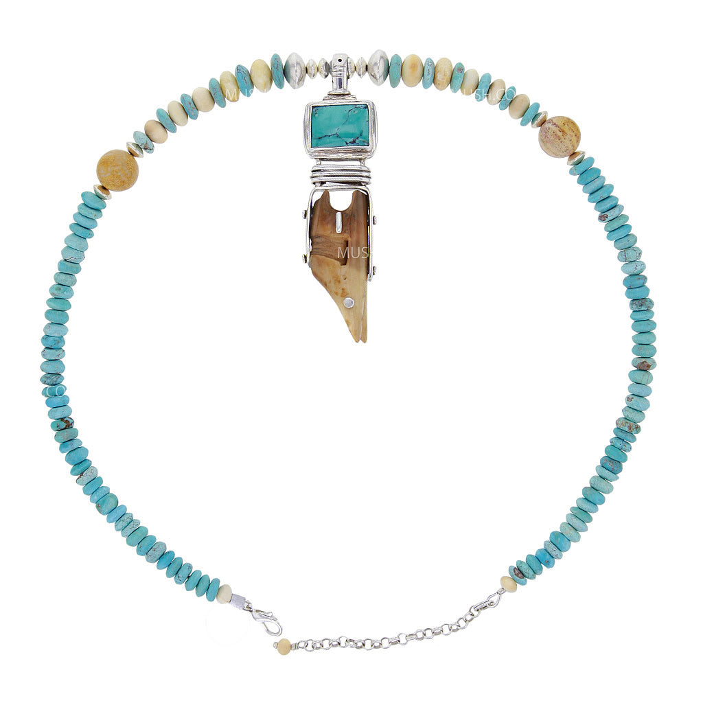 Ancient Harpoon Artifact Fossil Necklace with Turquoise & Turquoise Beaded Chain Hollywood