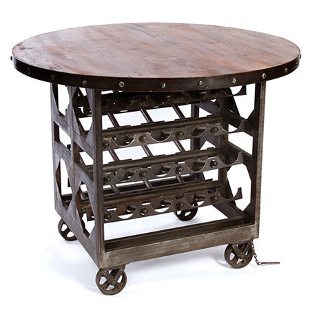 round insustrial table with built in winerack and reclaimed wood top in gunmetal finish round-insustrial-table-with-built-in-winerack-and-reclaimed-wood-top-in-gunmetal-finish